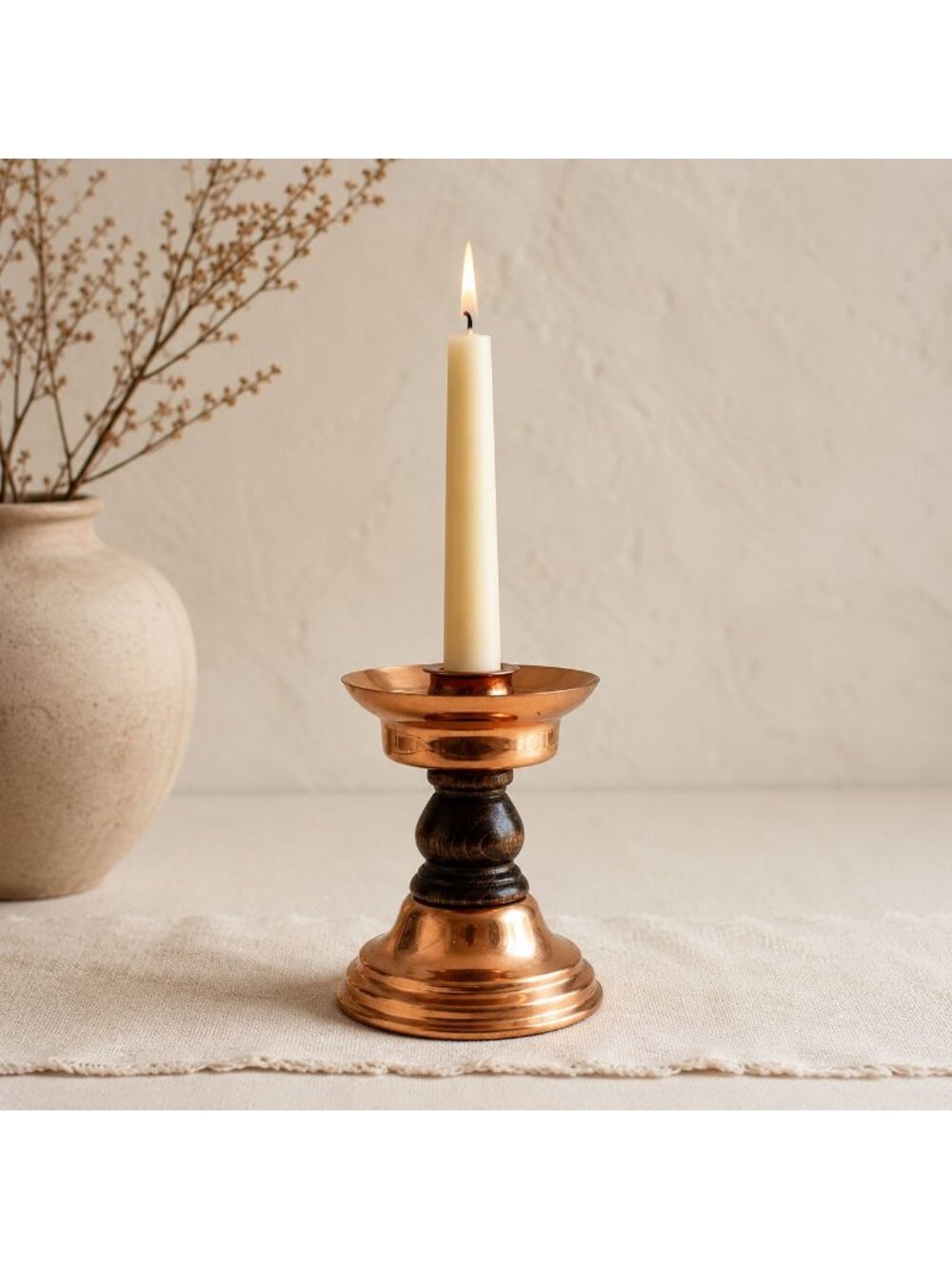 Coppercraft Guild Copper Wood Candlestick Holder Vintage Taper Candle Rustic MCM